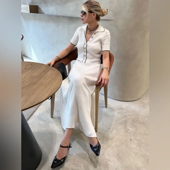 White Ribbed Maxi Dress with Buttons - Picture 7 of 16